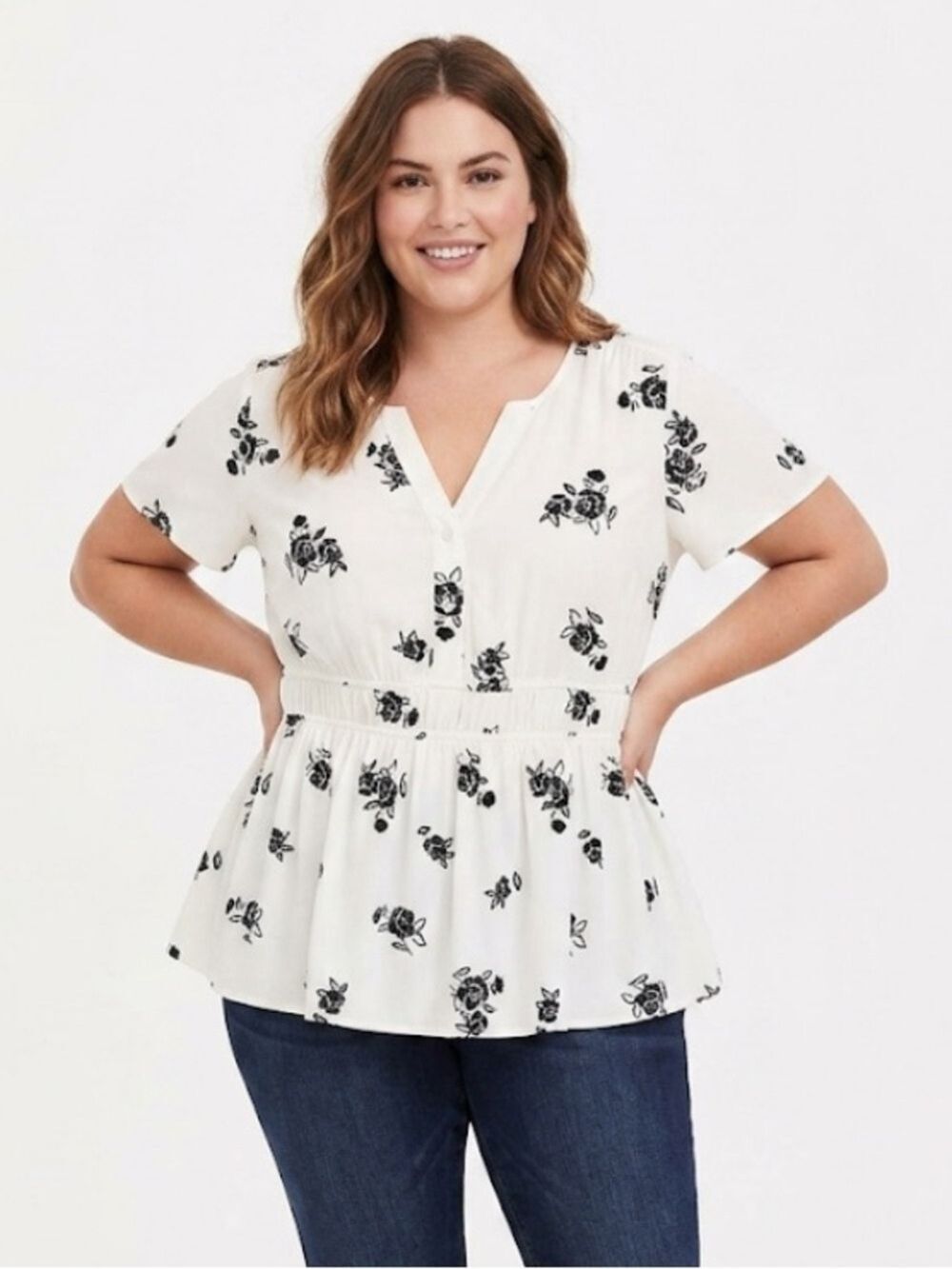 torrid Ivory Blouse with Black Floral Peplum 1X NWT